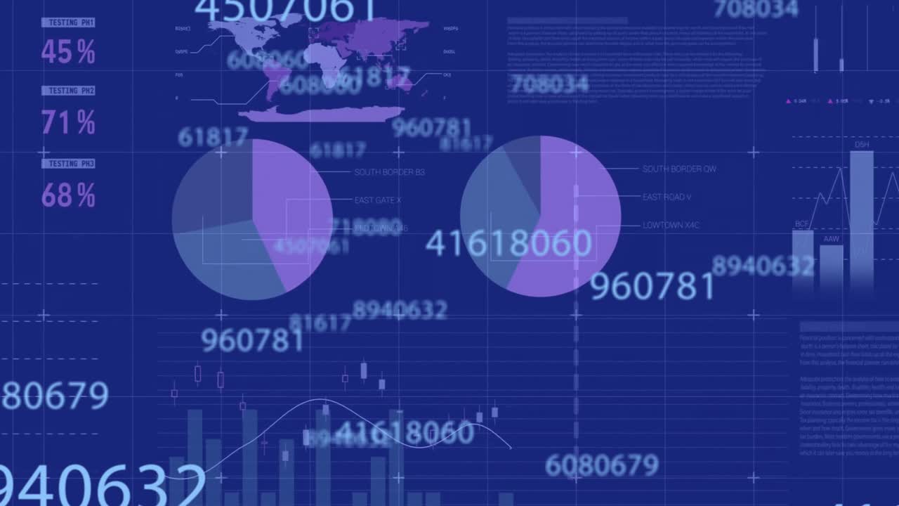 Animation of data processing over graphs and charts on blue background