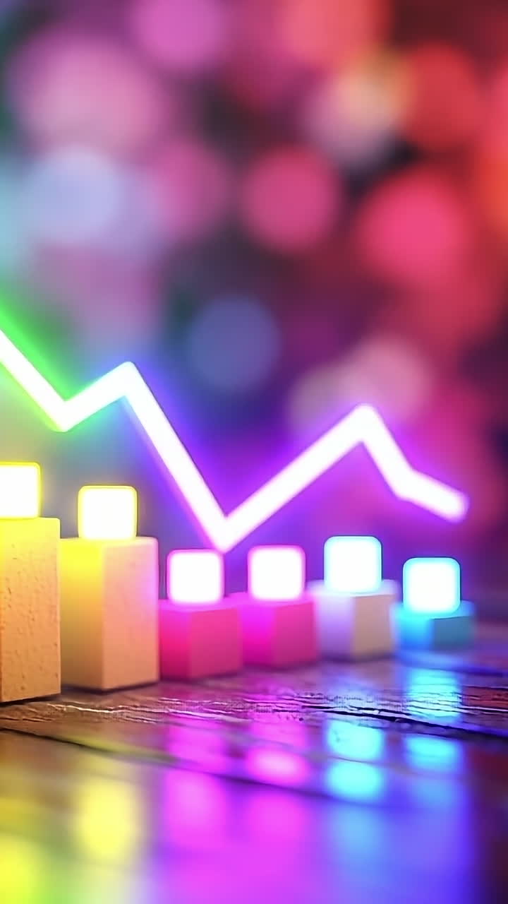 Graph trends up on bright bg. A colorful bar graph rises sharply, indicating positive growth over time with a vibrant backdrop of lights.
