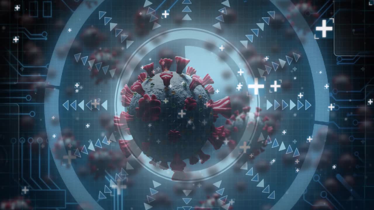 Camera moving, 3D virus particle rotating under scanning rings slicing interior and extracting data