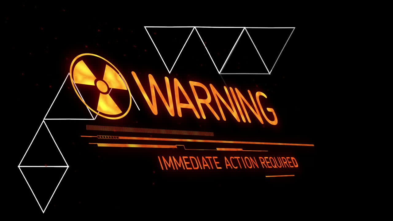 Radiation warning sign with Immediate Action Required text in orange animation