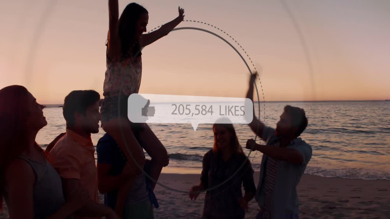 엄지 손가락을 위로 아이콘과 해변에서 친구 그룹에 대한 숫자를 증가하는 연설 거품