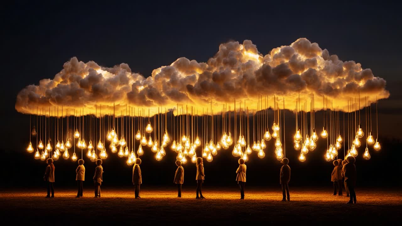 A mesmerizing scene of illuminated clouds and figures standing beneath, creating a surreal atmosphere filled with glowing lights and a sense of wonder and mystery in the nighttime