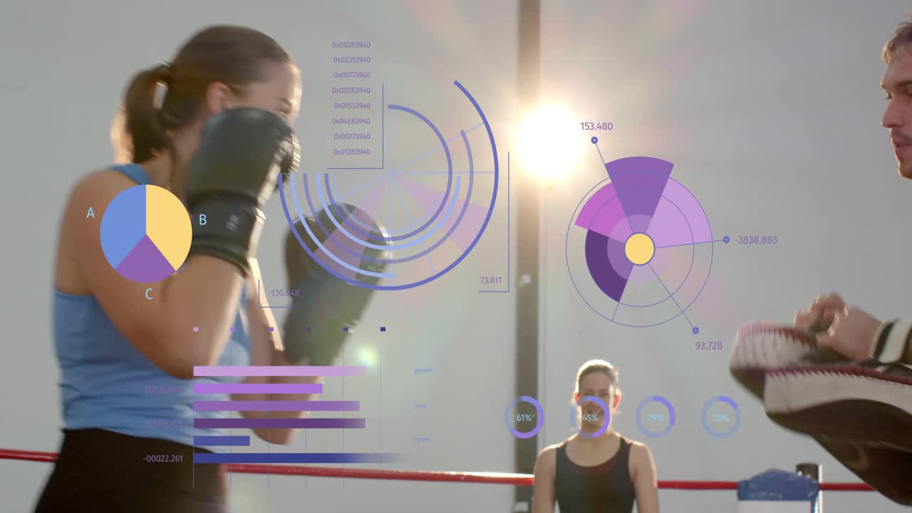 Female boxer initiating jabs at coach pads in ring, animated HUD tracking punch power for training