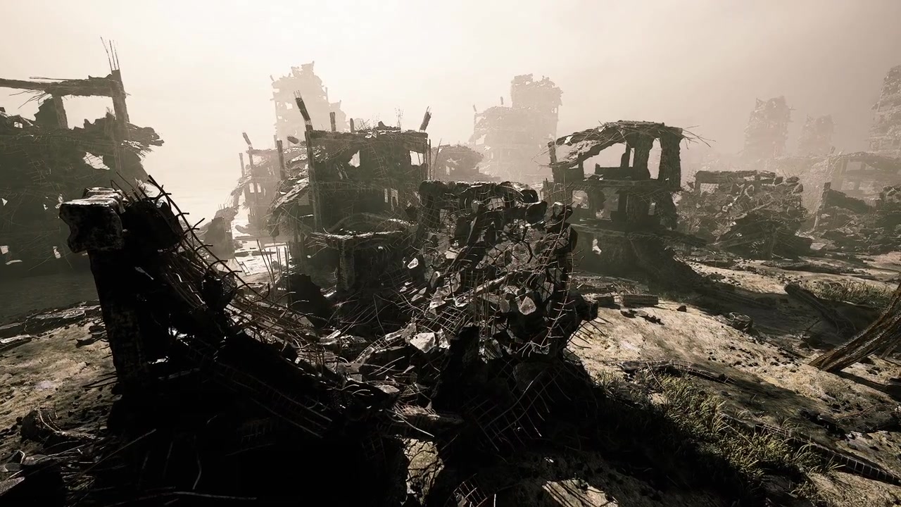 Ambientazione cinematografica ad alto contrasto con sagome di macerie sparse