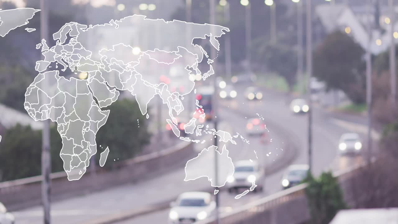 Outline fading, initiating map drawing overpass, continents growing, markers flashing showing links