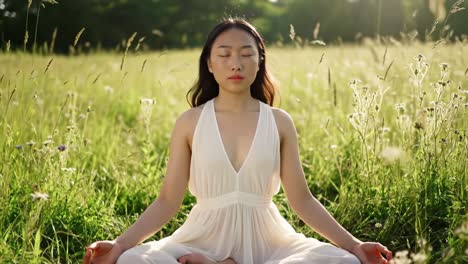 a serene meditation experience in a lush green meadow: finding inner peace and tranquility among nature's beauty