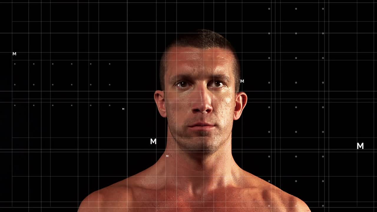 Man reaching and pressing kettlebell, lowering back, showing fitness with grid math tracking motion