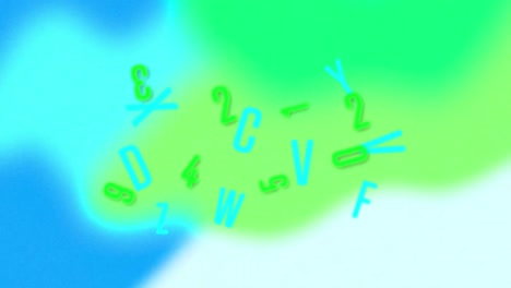 Animation-of-letters-and-numbers-over-green-and-blue-background