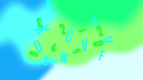 animación de letras y números sobre fondo verde y azul