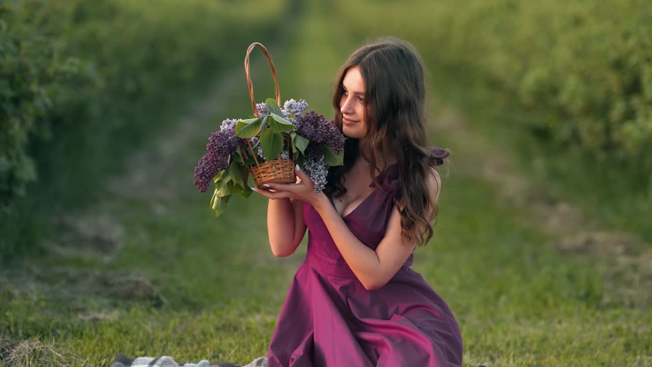 retrato de una hermosa joven en un campo con un vestido morado con una canasta de flores lilas