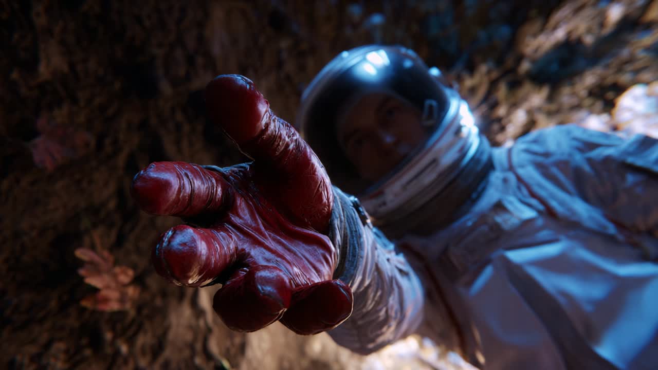 In a surreal and gripping moment, an astronaut reaches out, their gloved hand stained with red, evoking a sense of tension, mystery, and urgency amidst darkened, earthy surroundings, hinting at a complex narrative unfolding
