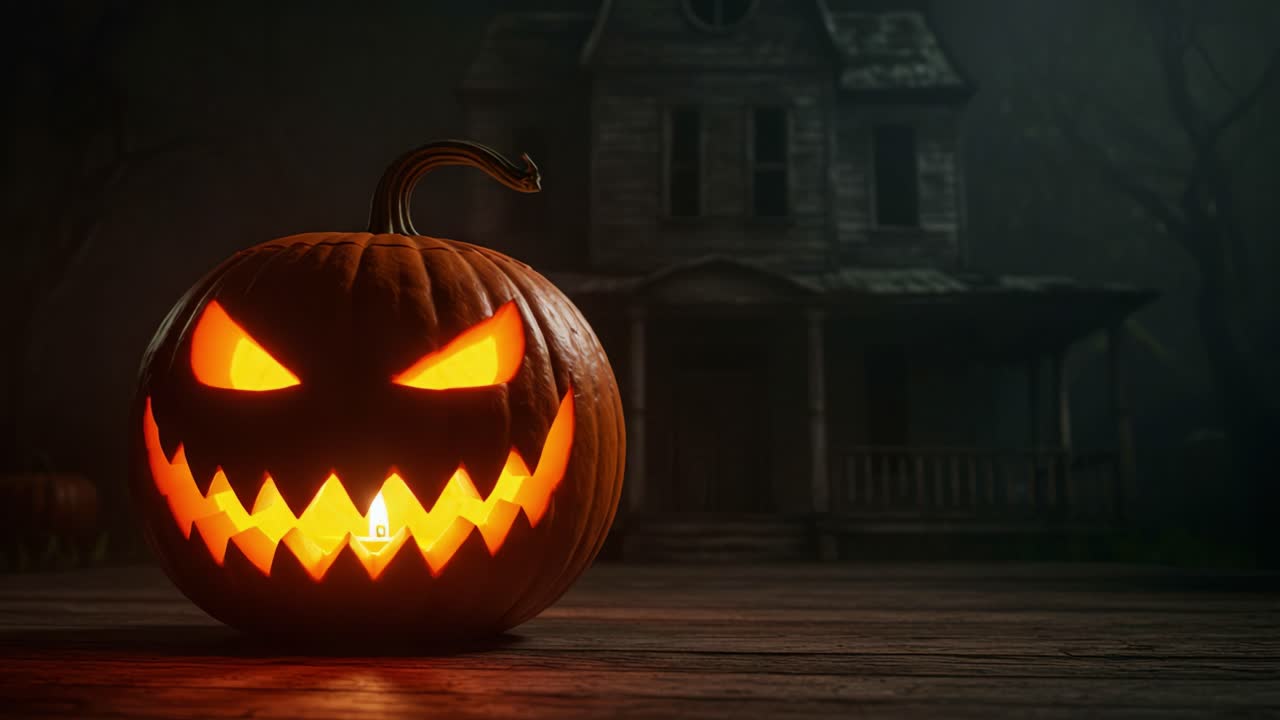 Una zucca di Halloween sinistra con caratteristiche minacciose illumina una notte buia e inquietante, proiettando un bagliore spettrale davanti a una casa decrepita e abbandonata.