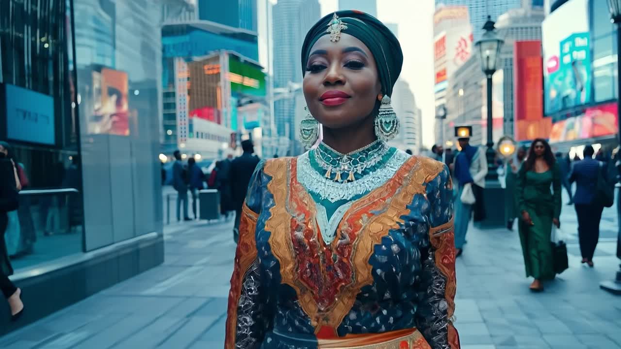 Beautiful african model is posing in the middle of times square, new york city. She is wearing a colorful traditional african dress and jewelry