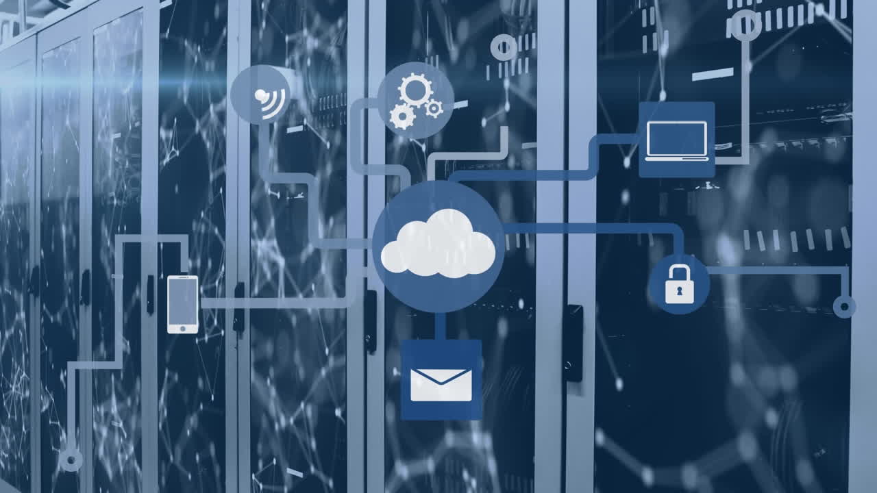 컴퓨터 서버를 통해 아이콘으로 연결 네트워크의 애니메이션