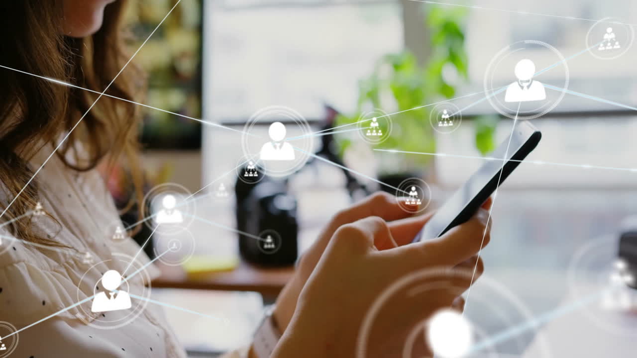 사무실에서 스마트폰을 사용하는 사람에 대한 네트워크 아이콘과 연결 애니메이션