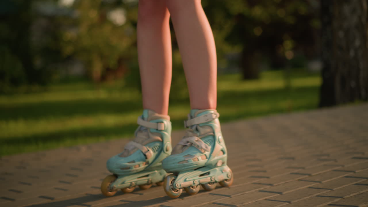 Side leg view of person roller skating outdoors on interlocked path, wearing teal rollerblades with shadow cast on ground, next to grassy field, sunny day with blurred background of greenery