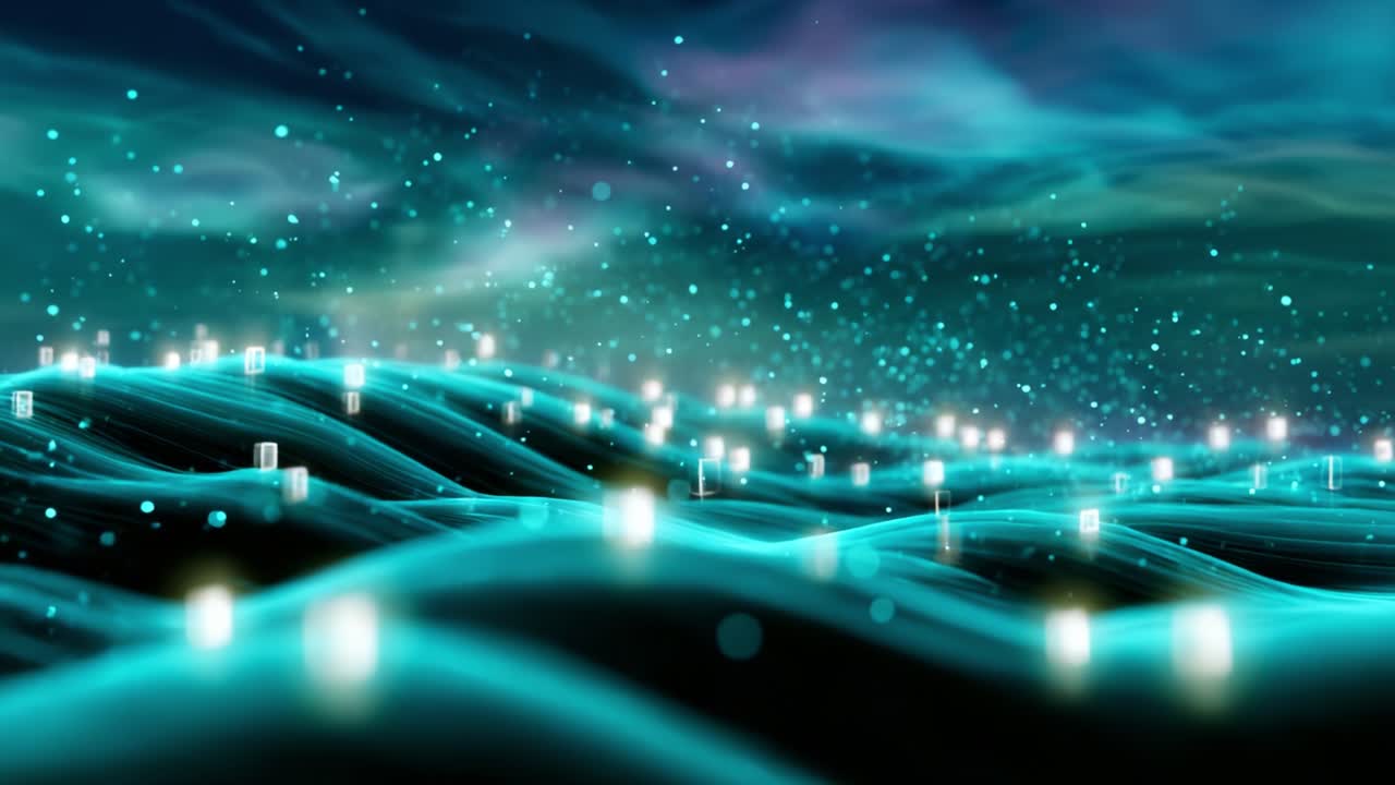 A captivating digital landscape depicting rolling waves of light and glowing symbols, creating an ethereal atmosphere filled with mystery and innovation in this mesmerizing visual experience