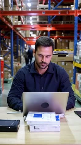 factory foreman working on a laptop in a warehouse.