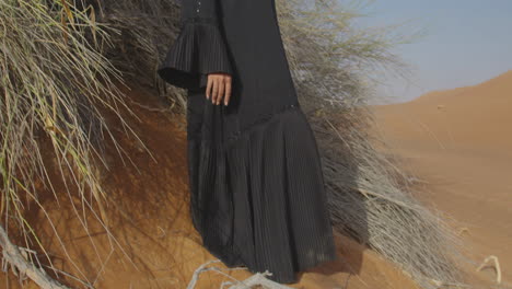 bella mujer musulmana con vestido tradicional y hiyab posando cerca de un arbusto del desierto