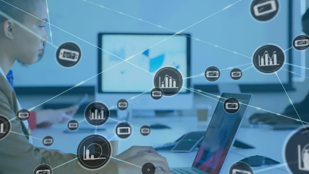 사무실에서 노트북을 사용하는 아시아 사업가 여성에 대한 디지털 아이콘 네트워크의 애니메이션