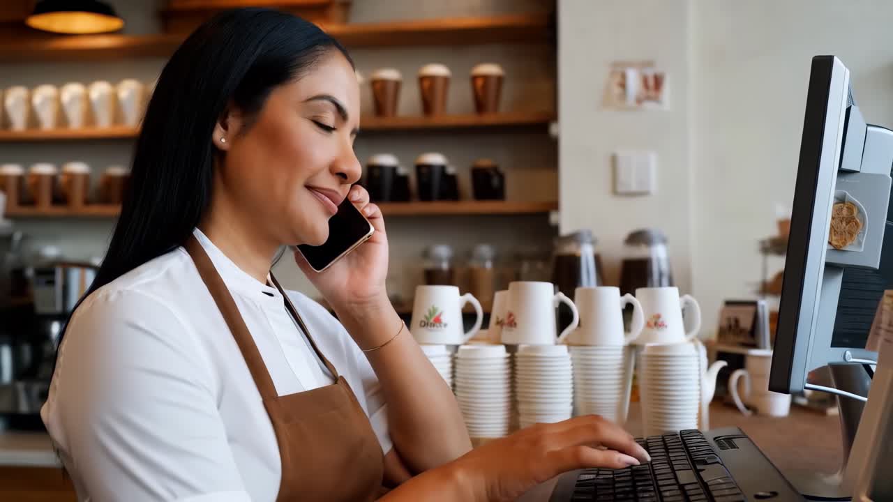 Cafe female manager taking notes on a phone order.