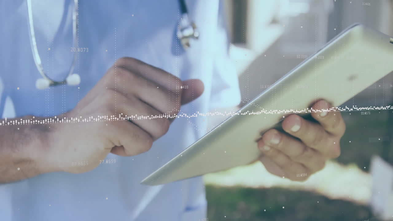 Using tablet with data processing animation overlay, healthcare professional working