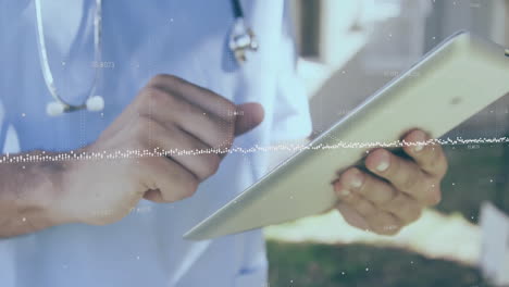 using tablet with data processing animation overlay, healthcare professional working