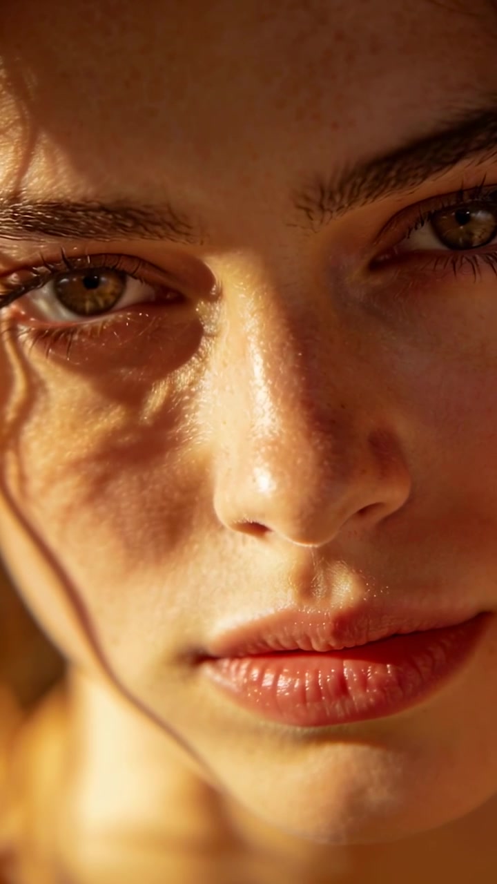 Video verticale: Modella che strizza gli occhi e ammicca, reagendo al bagliore del sole all'aperto, i capelli proiettano ombre sottili.