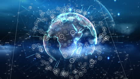 animation of globe over network of connections and data processing