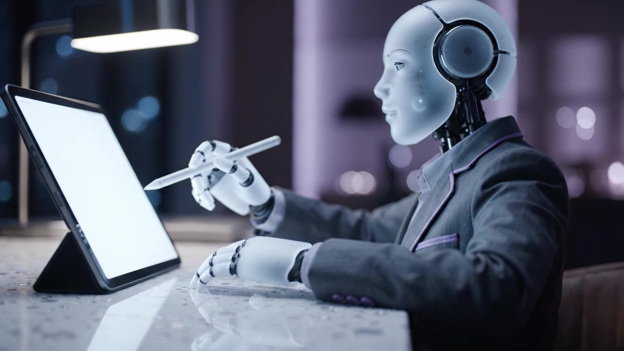 Un robot umanoide che usa un tablet seduto a una moderna postazione di lavoro, mostrando tecnologia avanzata e intelligenza artificiale in un ambiente di lavoro futuristico.