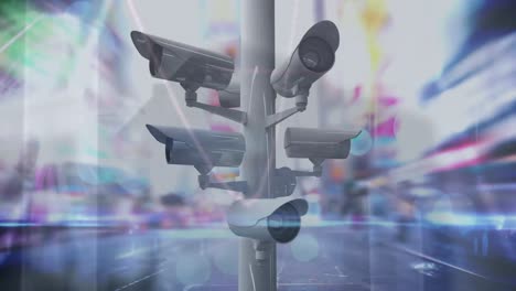 Animation-of-security-cameras-over-financial-graphs-and-timelapse-with-road-traffic