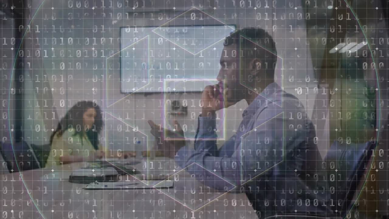 Animation of binary coding and data processing over diverse business people working in office