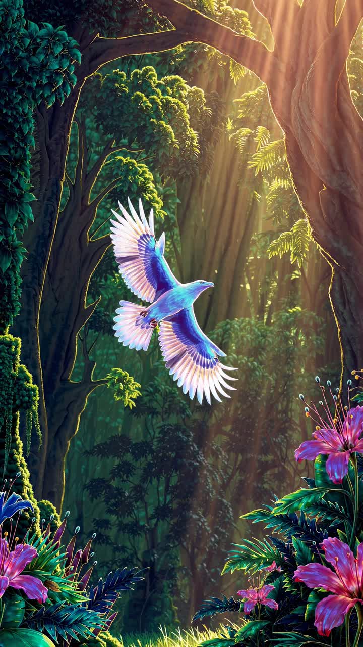 A vibrant bird in flight amidst a lush forest, captured from a low-angle, showcasing dynamic