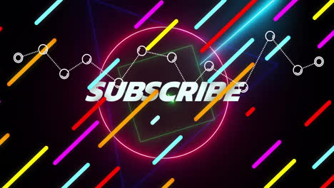 subscribe text glowing over neon triangle and circle outlines, with colorful bars sliding around