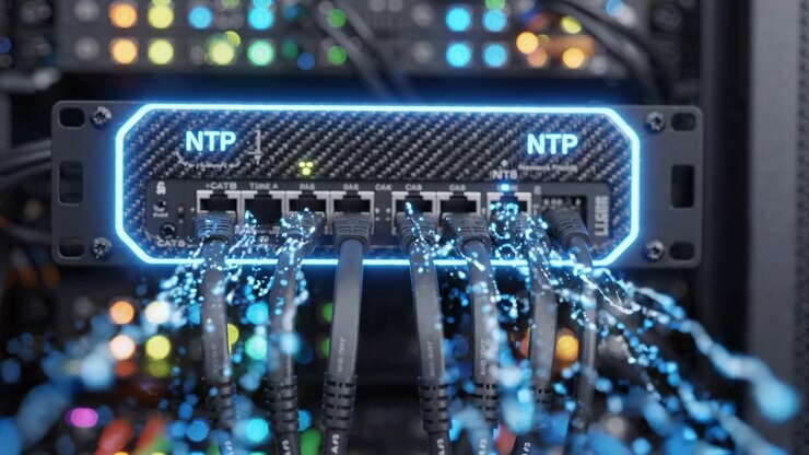 High-Performance Network Time Protocol Switch with LED Indicators in a Data Center, Connecting Multiple Cables for Synchronization and Data Transfer Efficiency