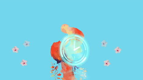 neon digital clock ticking against red paint splash and multiple flowers floating on blue background