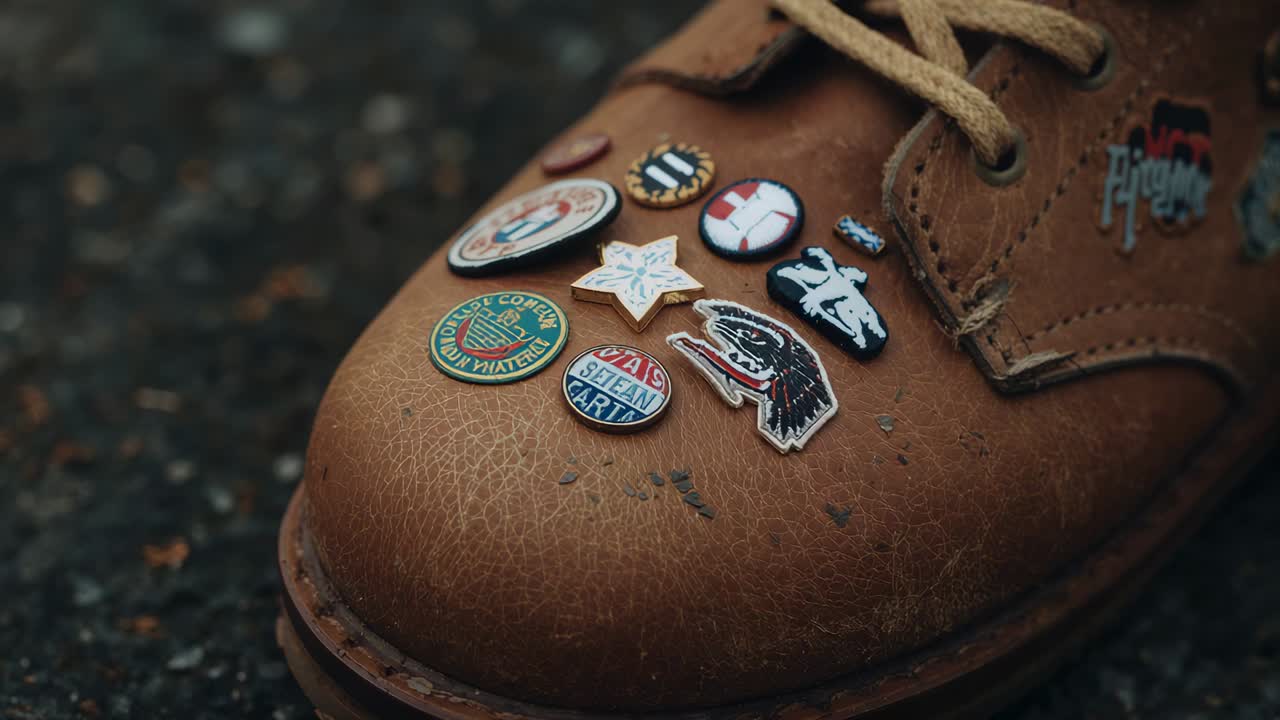 Pulling back camera revealing brown leather work boot on wet pavement, highlighting enamel pins