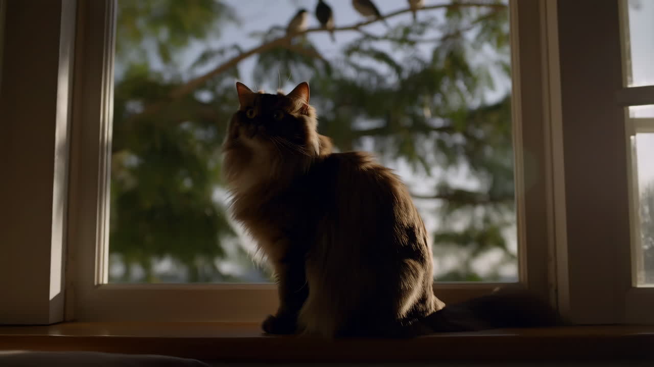 Cat on window sill with birds in tree