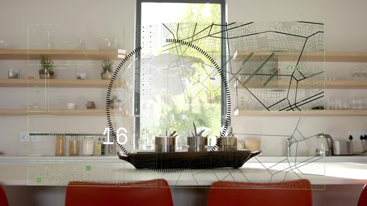 Globe dot pattern appearing, HUD expanding over window, numbers shifting to visualize planter data