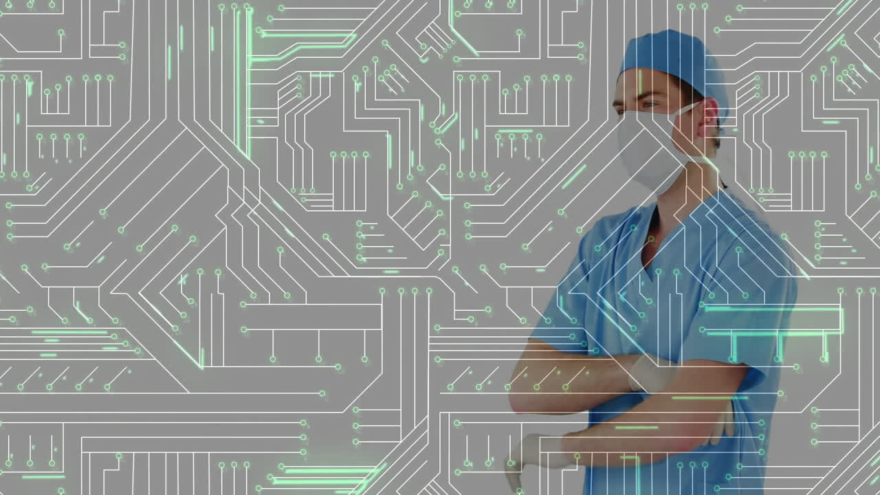 Medical professional in blue scrubs with circuit board animation overlay in hospital