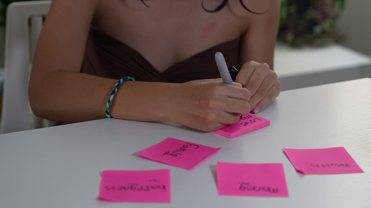 A young woman writing new year resolutions on vibrant pink sticky notes. The scene captures determination and focus, using natural lighting on a white table, creating a motivational atmosphere