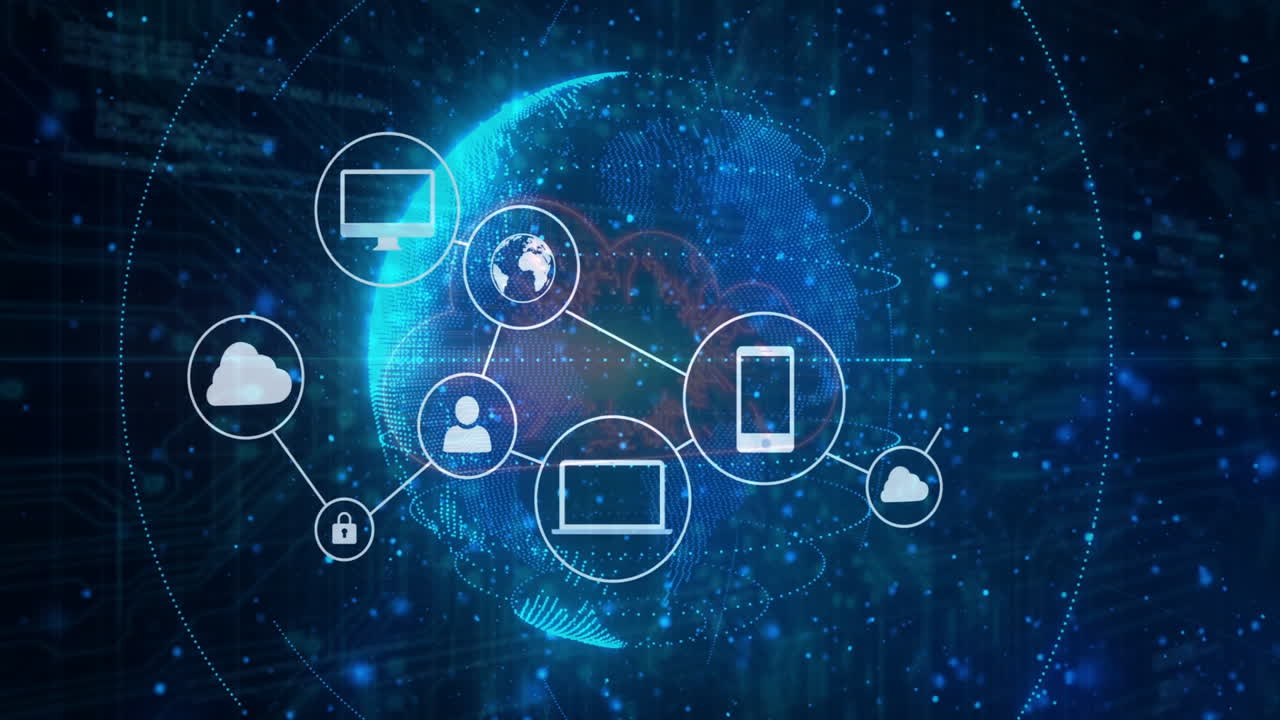 Digital network icons connecting glowing globe in futuristic technology animation