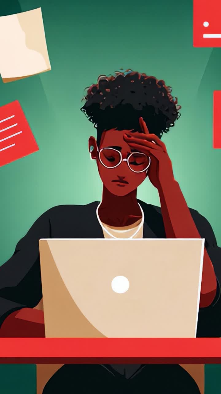 An animated character experiences a range of emotions while engaged in intense laptop work amidst floating documents and digital distractions