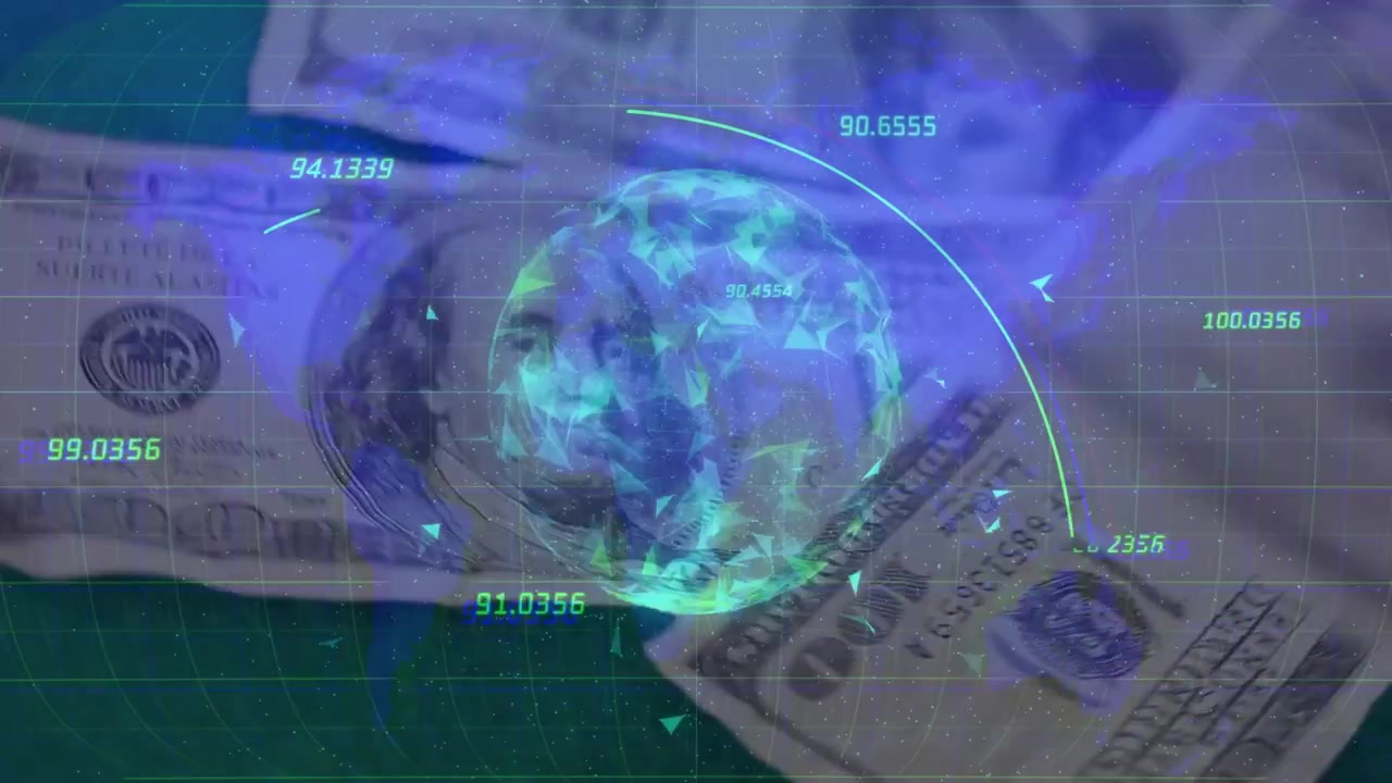 Una banconota da 100 dollari scivola dall'angolo in alto a sinistra, causando il centraggio di un ologramma su una pila in movimento che mostra un HUD finanziario.