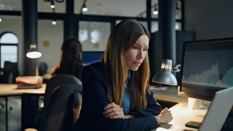 upset finance manager look computer in evening office. frustrated woman broker