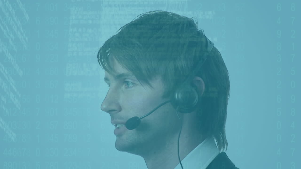 Screens with data processing against caucasian male customer care executive talking on phone headset