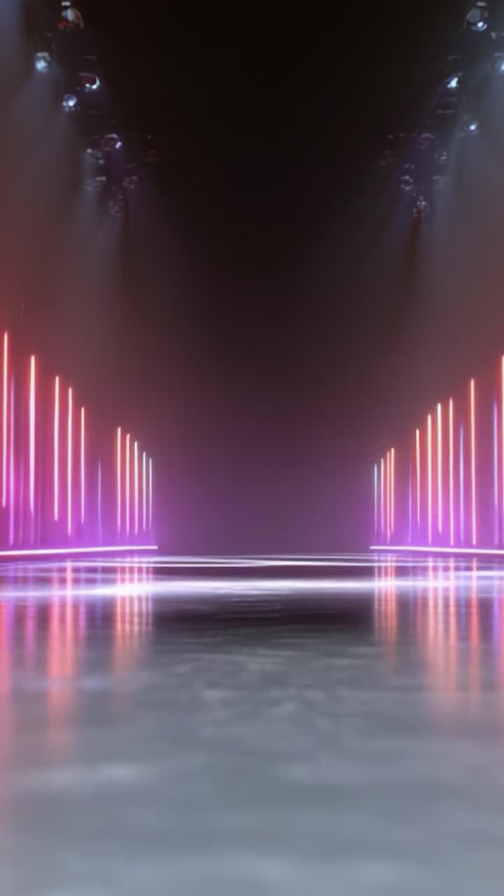A Captivating Stage with Vibrant Pink Lights and a Reflective Surface, Setting the Mood for an Enchanting Performance in a Theatrical Environment