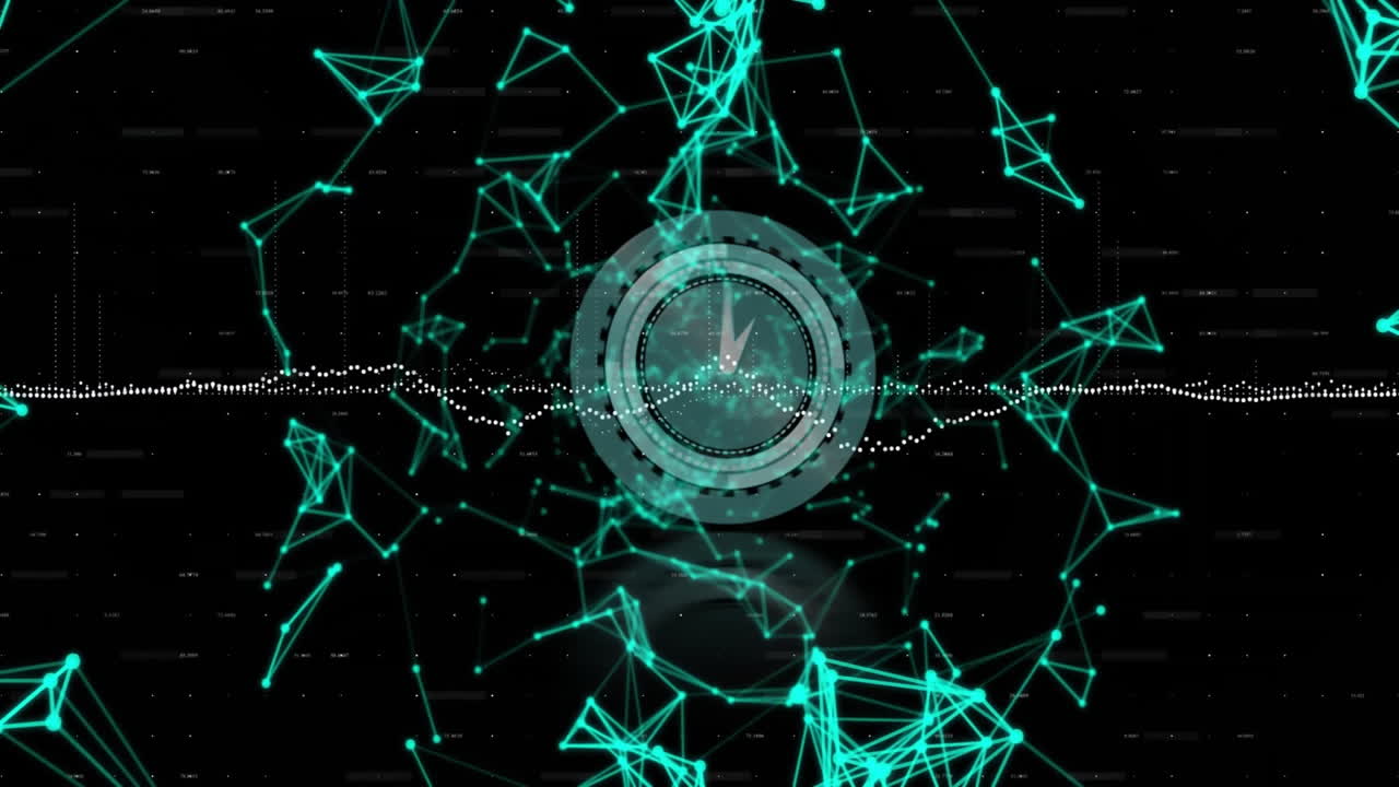 Animation of data stream over scanner with clock hands and networks on black background