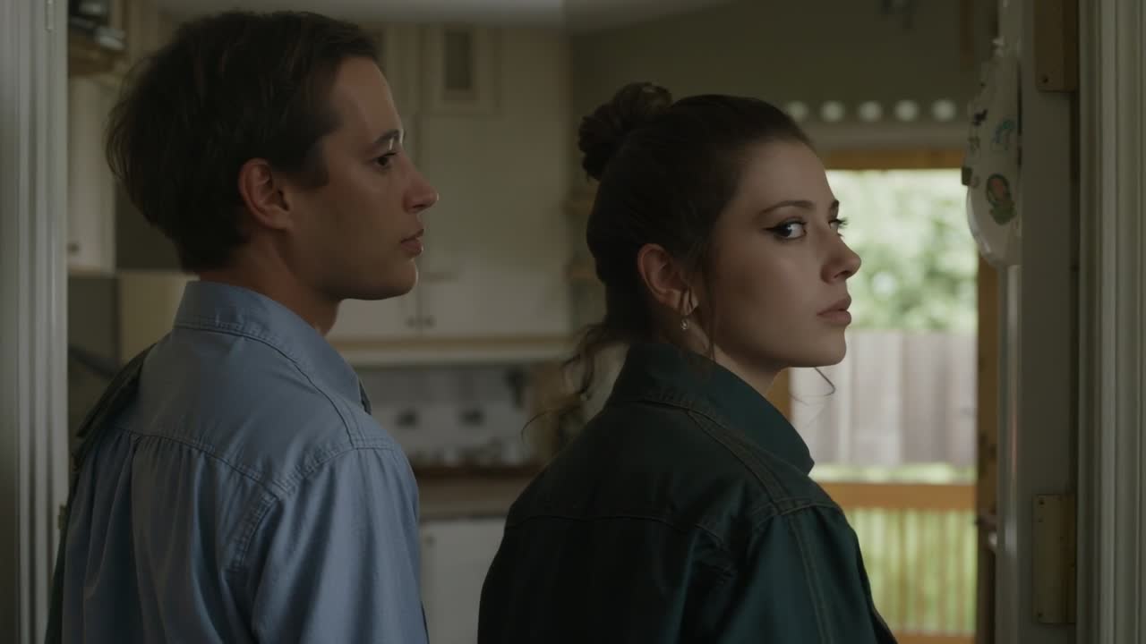 Turning woman redirecting gaze after yard view, man facing window in kitchen, in dark green shirt