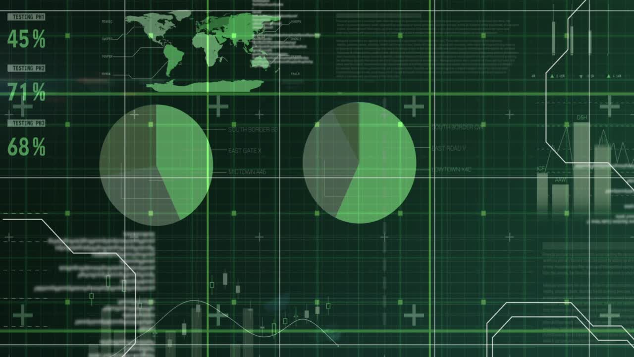 animación del procesamiento de datos y diagramas sobre fondo negro